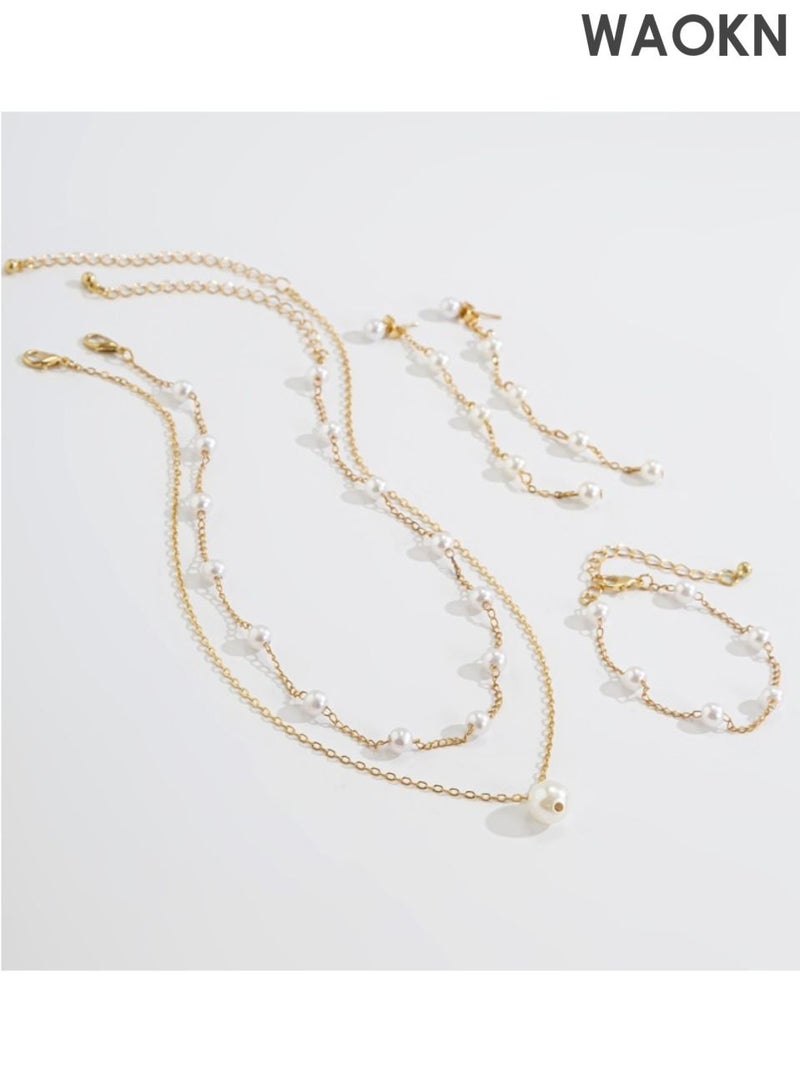 WAOKN 3pcs Pearl Necklace, Earrings & Bracelet Set - 14K Gold Plated Pearl Jewelry - Adjustable Choker , Drop Earrings - Dainty Wedding Jewellery Set , Fashionable and versatile, suitable for dating and shopping , unisex , gold . - Image 1